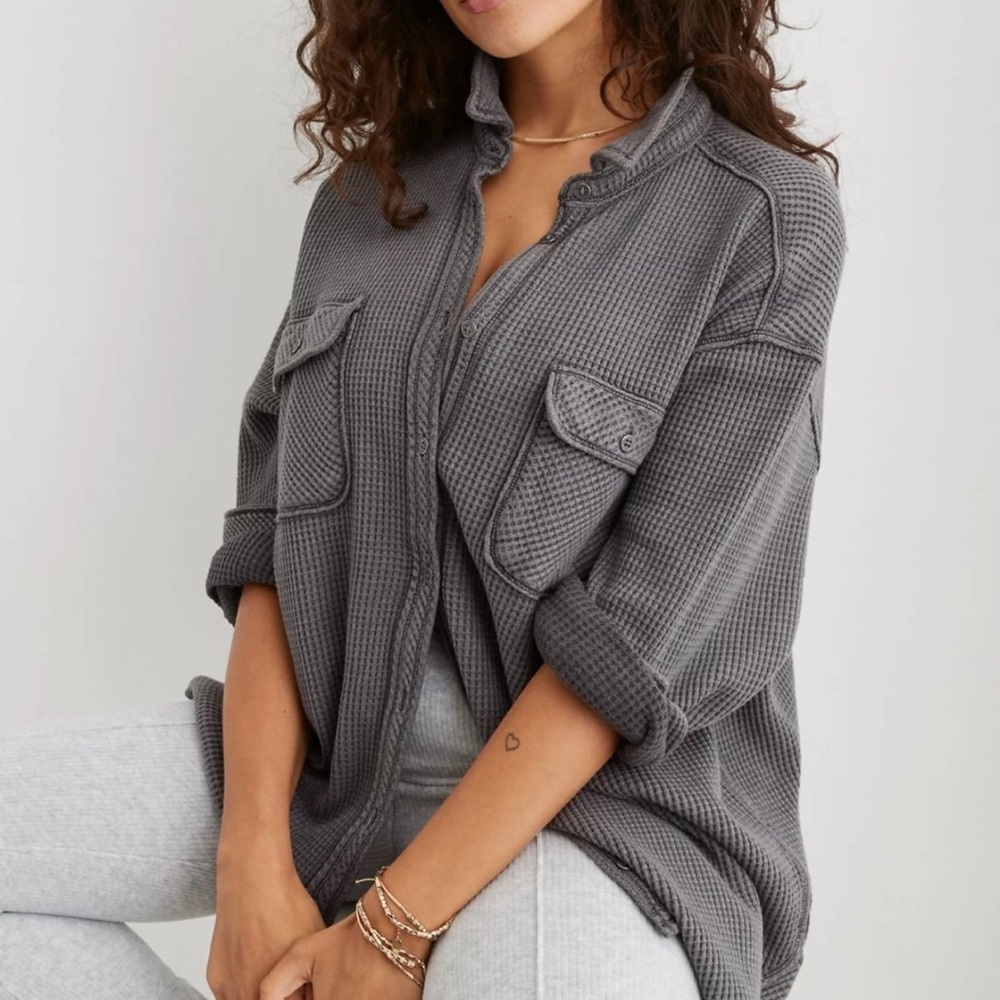 Aerie Gray Lumberjane Waffle Knit Jacket